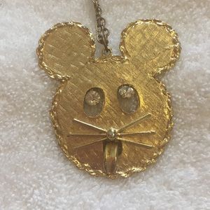 Gold tone mouse charm on necklace vintage crystals